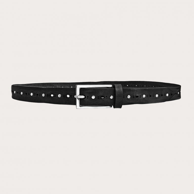 Thin raw cut leather belt with studs, black