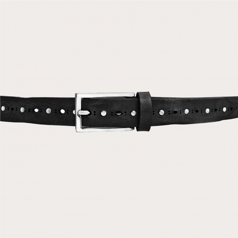 Thin raw cut leather belt with studs, black