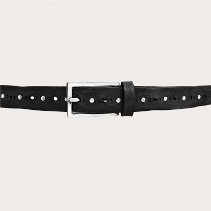 Thin raw cut leather belt with studs, black