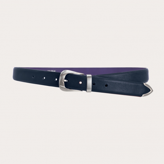 Thin raw cut leather belt with loop, buckle and tip in metal, blue