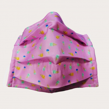 StyleMask Mascherina copri viso bambino in seta rosa con coni gelato 