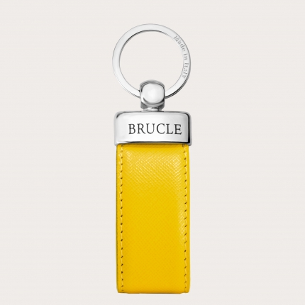 Porte-clés en cuir véritable avec imprimé saffiano, jaune
