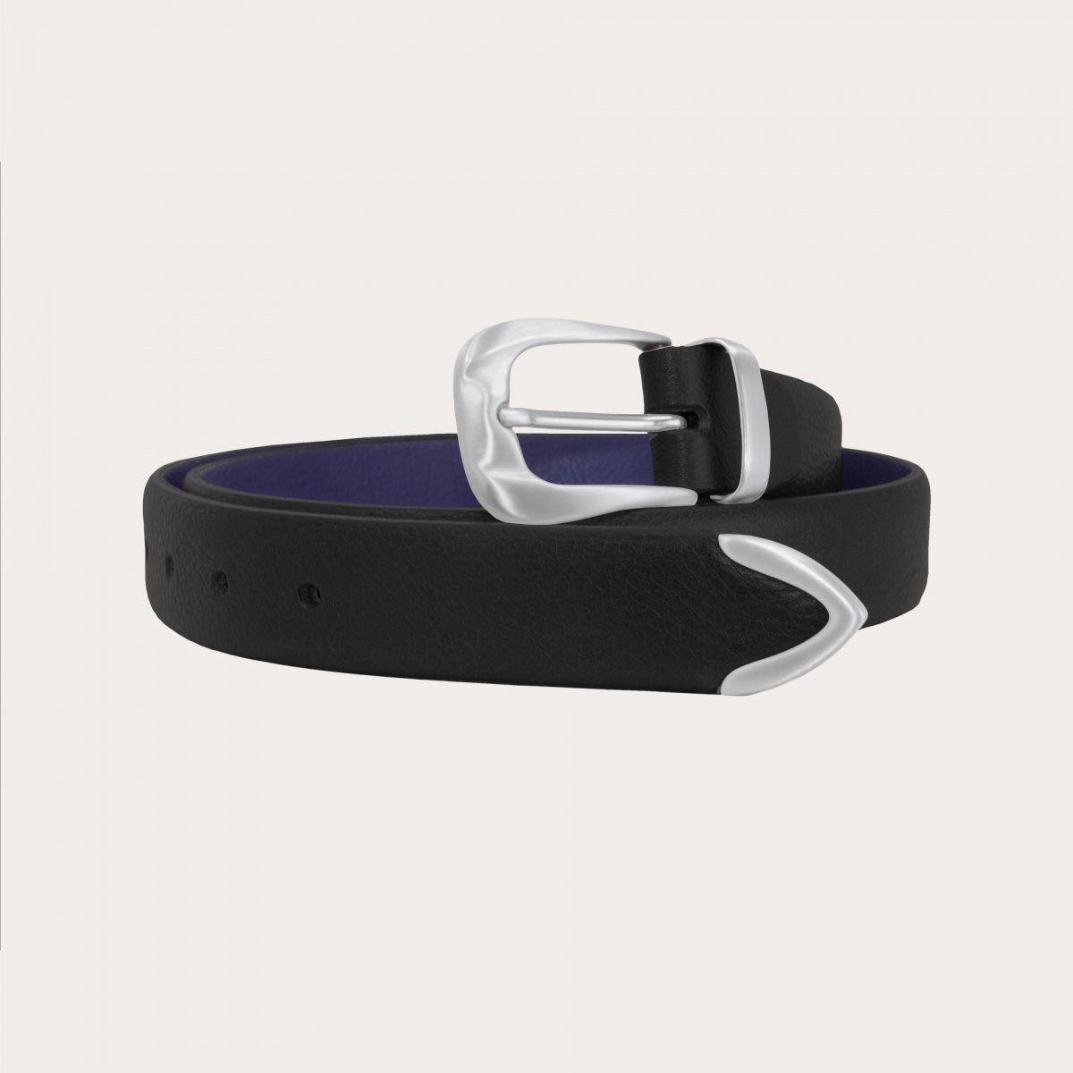 Dünner Rohledergürtel mit Schlaufe, Schnalle und Spitze aus Metall, schwarz