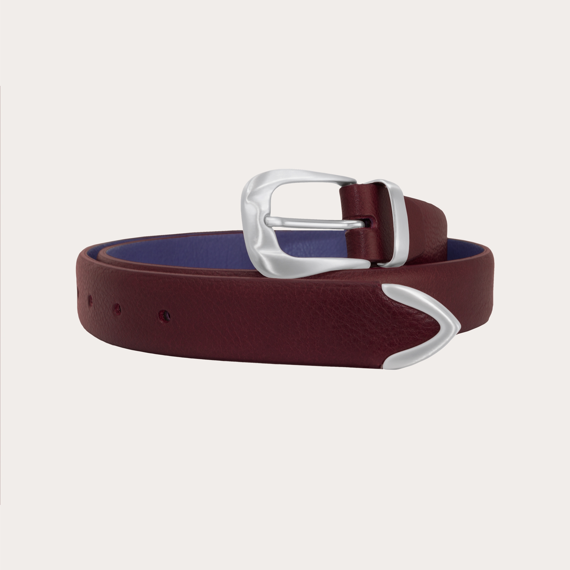 Thin raw cut leather belt with loop, buckle and tip in metal, bordeaux