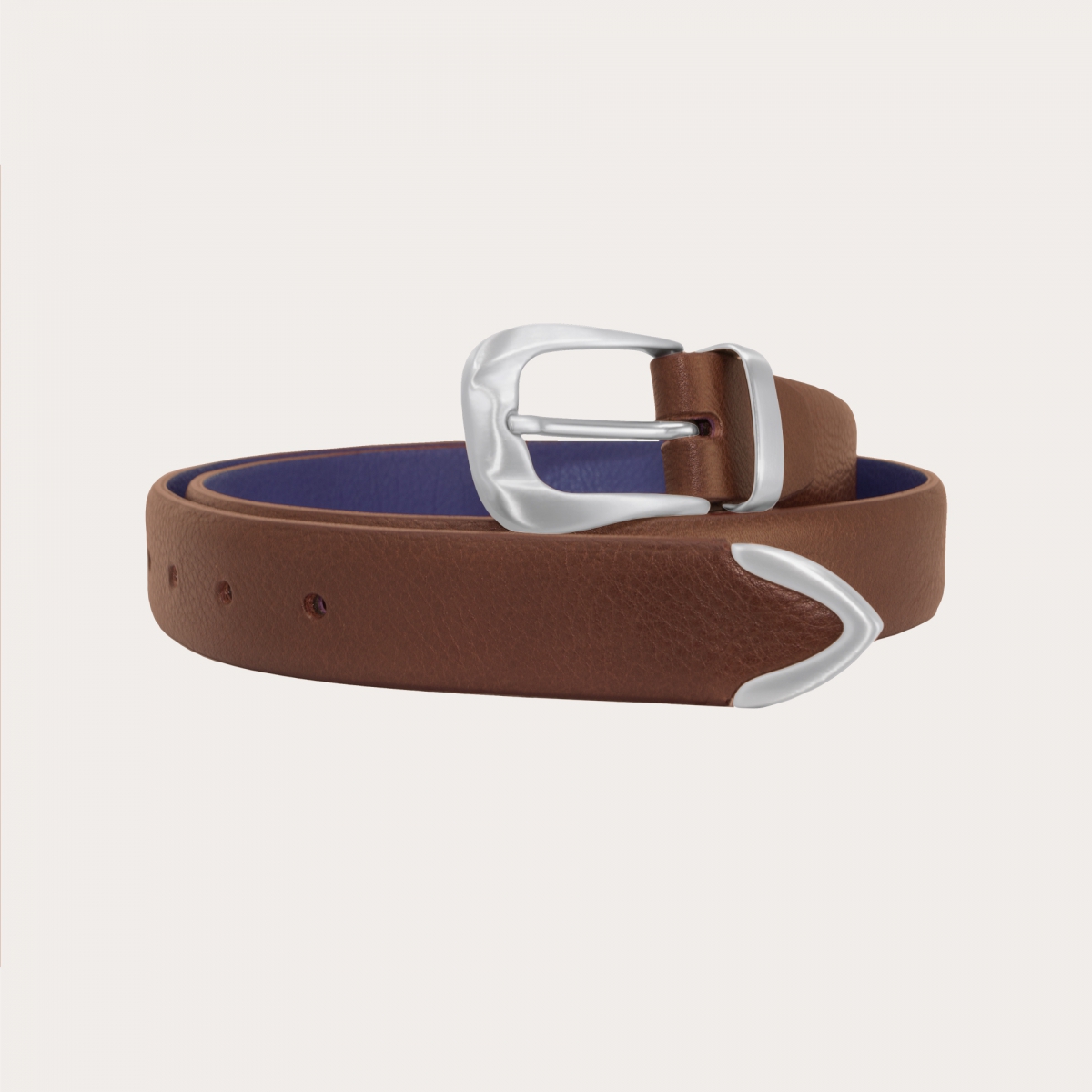 Thin raw cut leather belt with loop, buckle and tip in metal, brown cognac