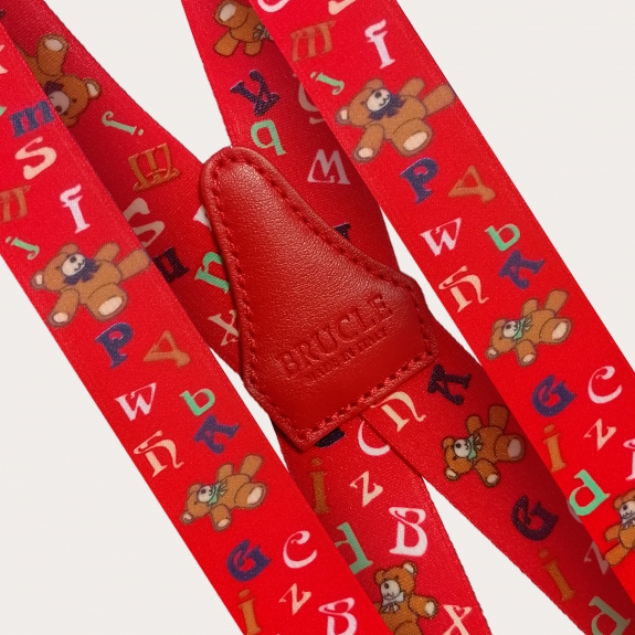 X-shaped suspenders for children, red pattern with teddy bears and alphabet