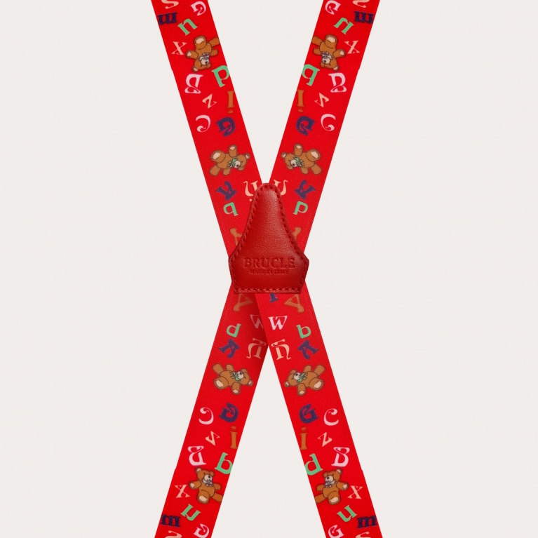 Bretelles en forme de X pour enfants, motif rouge avec ours en peluche et alphabet