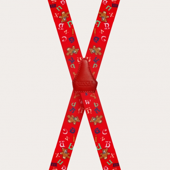 X-förmige Hosenträger für Kinder, rotes Muster mit Teddybären und Alphabet