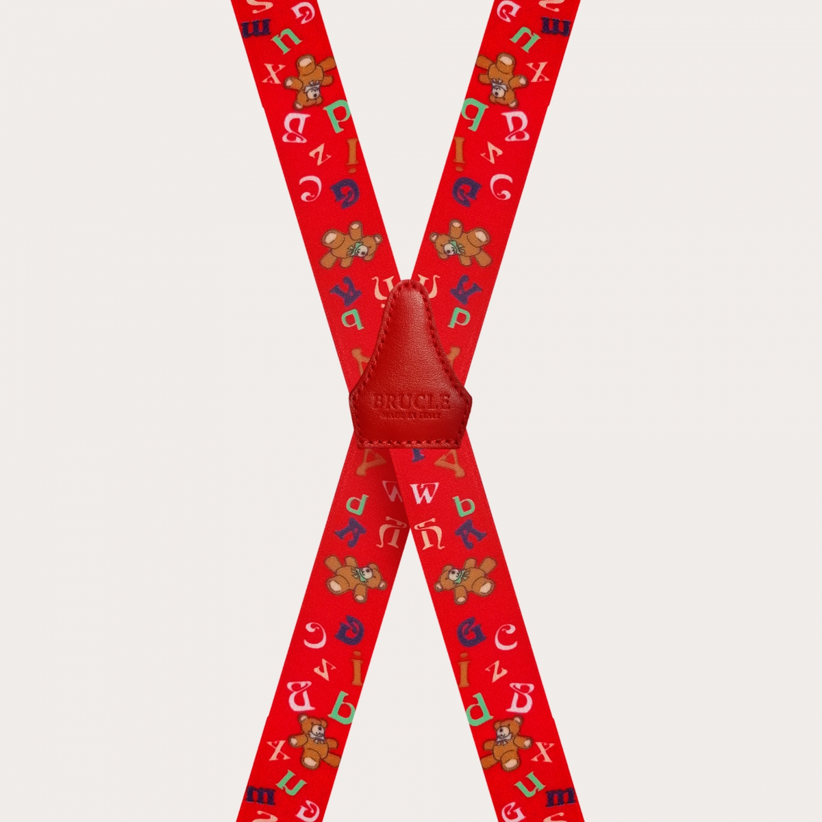 X-förmige Hosenträger für Kinder, rotes Muster mit Teddybären und Alphabet