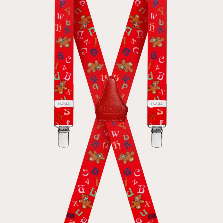 Bretelles en forme de X pour enfants, motif rouge avec ours en peluche et alphabet