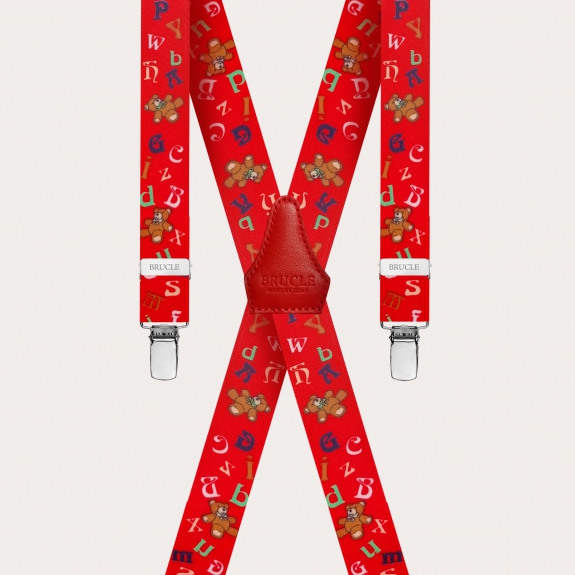 X-shaped suspenders for children, red pattern with teddy bears and alphabet