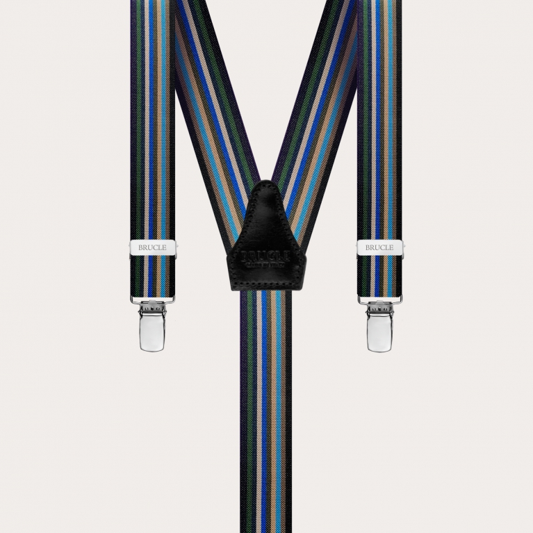 Y-shape elastic suspenders with clips, multicolored stripes
