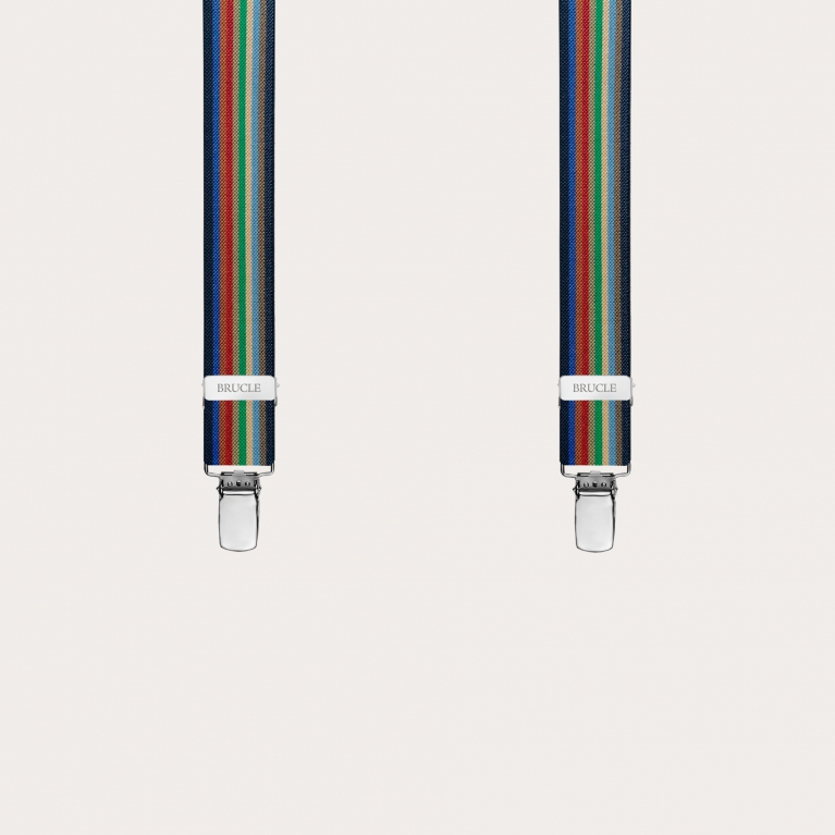 Y-shape elastic suspenders with clips, multicolored rainbow stripes