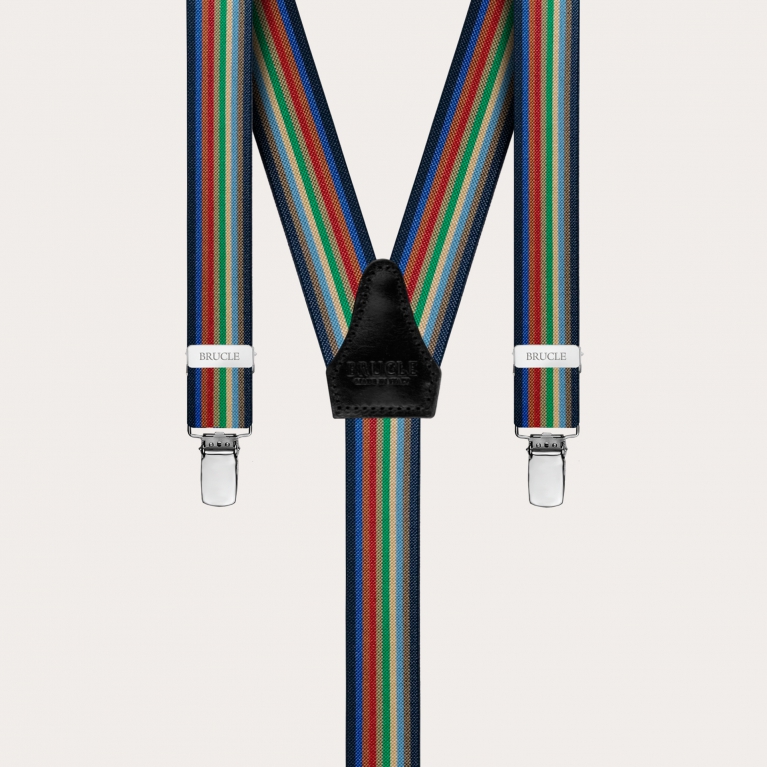 Y-shape elastic suspenders with clips, multicolored rainbow stripes