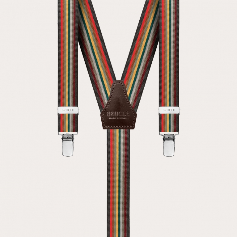 Y-shape elastic suspenders with clips, multicolored bordeaux stripes