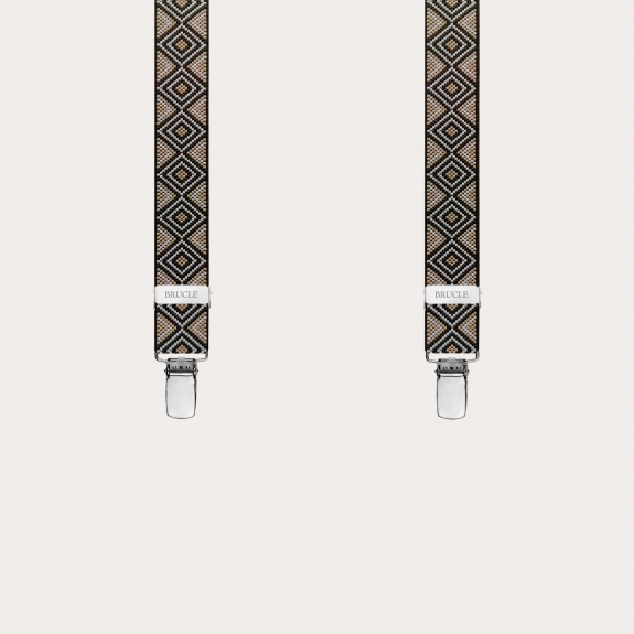 Skinny Y-shape elastic suspenders with clips, brown with diamond pattern