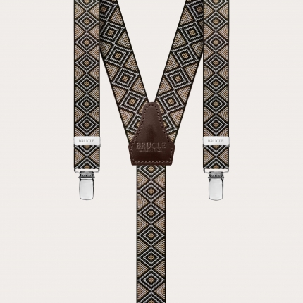 Skinny Y-shape elastic suspenders with clips, brown with diamond pattern