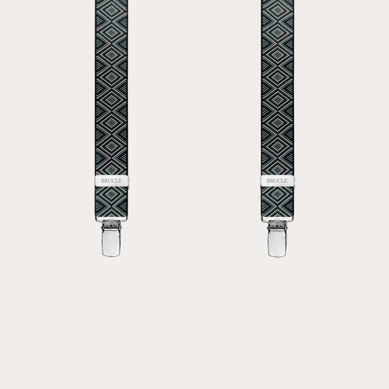 Skinny Y-shape elastic suspenders with clips, black with diamond pattern