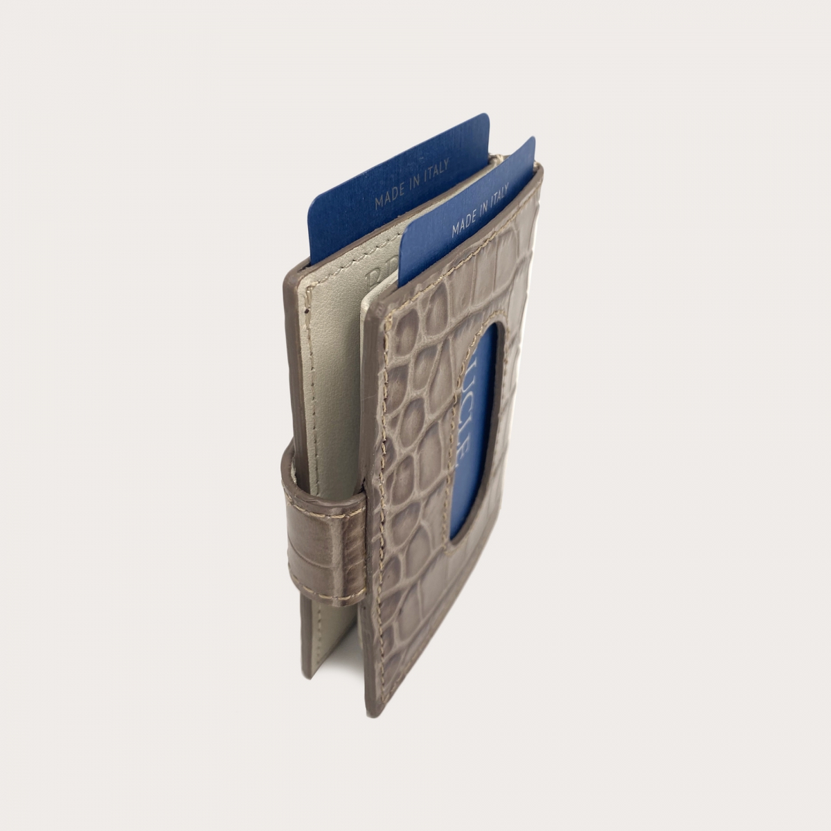 Porte carte de crédit gris tourterelle en cuir bovine imprimée croco