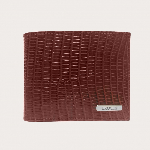 Portefeuille compact en cuir avec portemonnaie, bordeaux imprimé lézard