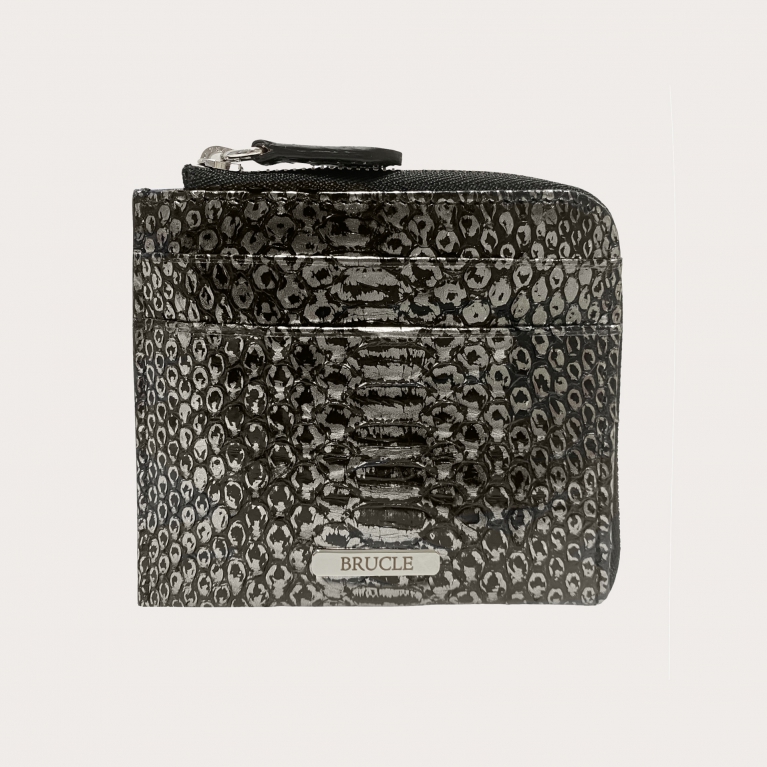 Cartera compacta con cremallera en pitón real, metalizado