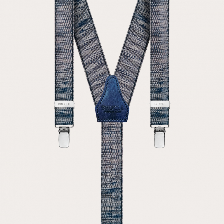 Skinny Y-shape elastic suspenders with clips, delavè dark blue
