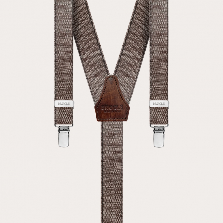 Skinny Y-shape elastic suspenders with clips, delavè brown