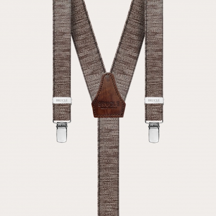 Skinny Y-shape elastic suspenders with clips, delavè brown