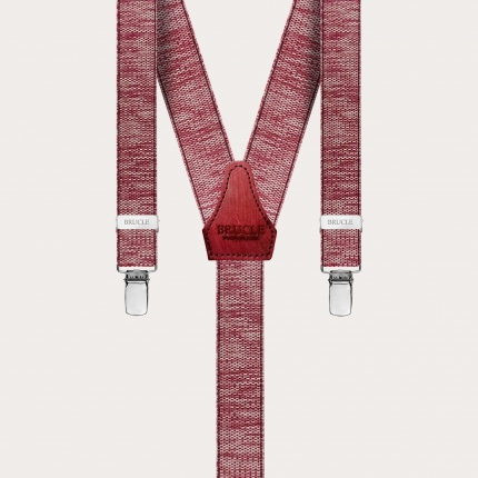 Skinny Y-shape elastic suspenders with clips, delavè red
