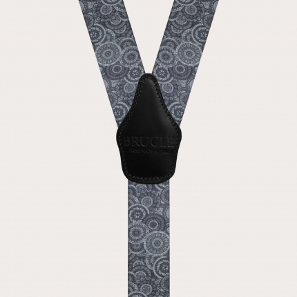 Y-shape elastic suspenders, geometric pattern with wheels, grey