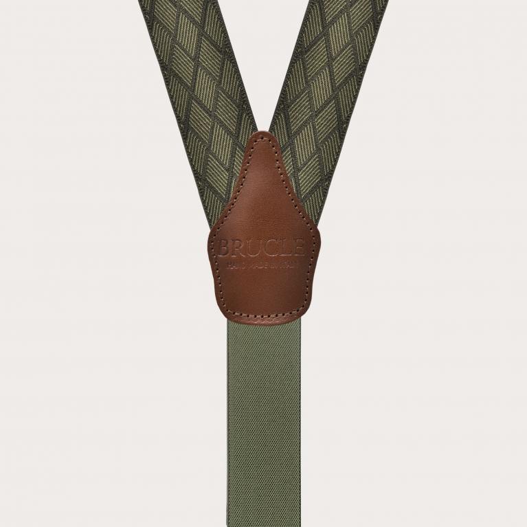 Elegant elastic double-use green jacquard braces for men with rhombus motif