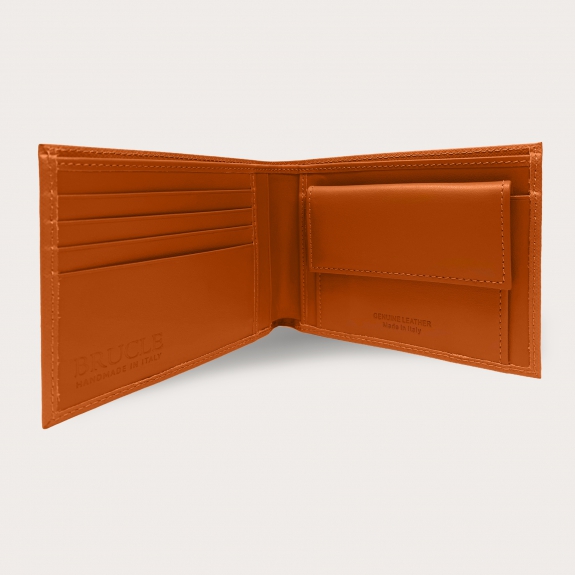 Brucle Men's bifold leather wallet with coin purse, saffiano orange