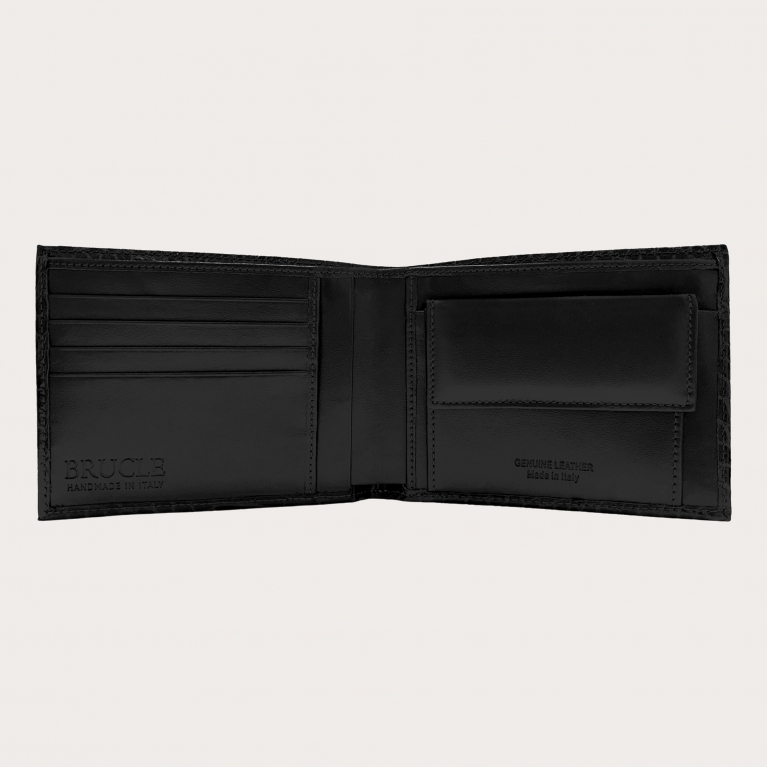 Brucle Men's bifold leather wallet with coin purse, black croco print