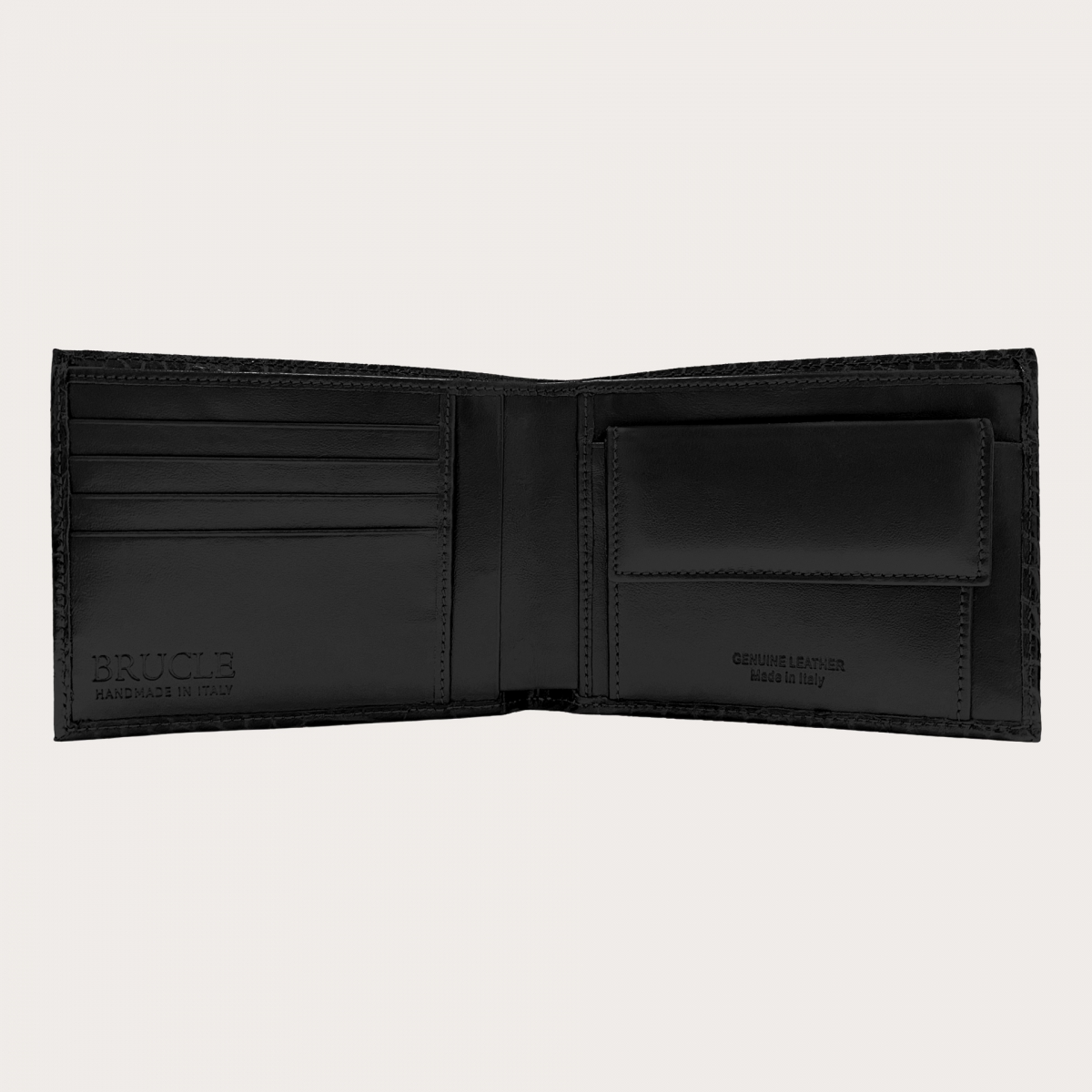 Portefeuille à rabat en cuir avec portemonnaie, noir imprimé croco