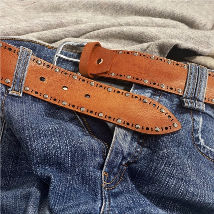 Raw cut leather belt with studs, tan