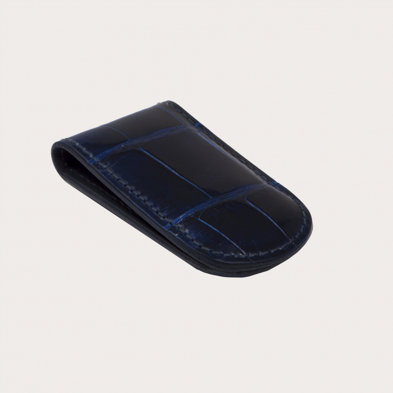 Elegante clip para billetes de cocodrilo o aligátor auténtico, azul medianoche brillante
