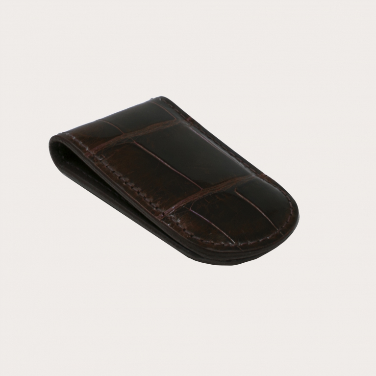 Pince à billets magnétique en cuir de crocodile véritable, marron