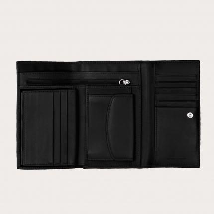 Wallet in genuine full grain leather with card holder, document holder and coin purse, black color