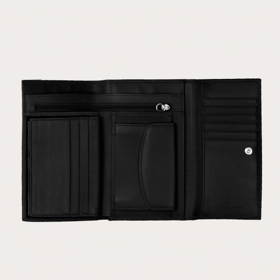 BRUCLE Wallet in genuine full grain leather with card holder, document holder and coin purse, black color