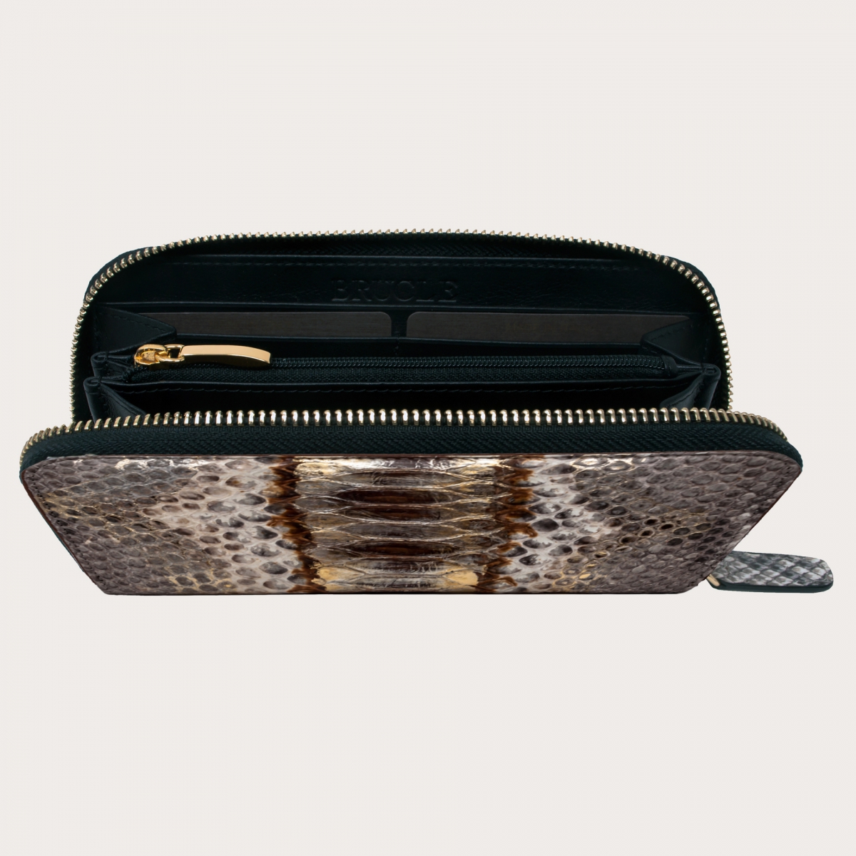 Python leder Damen-Geldbörse mit umlaufenden Reißverschluss beige golden braun