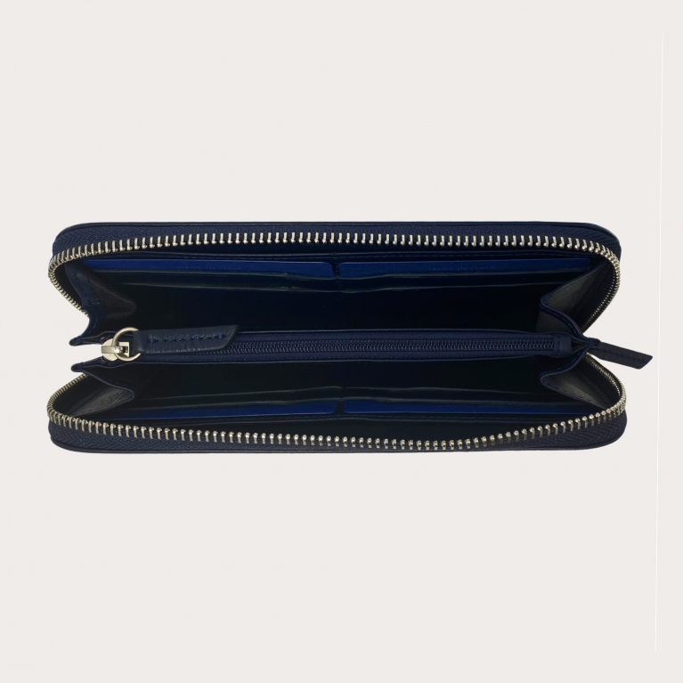 Portefeuille classique en cuir zippé, bleu