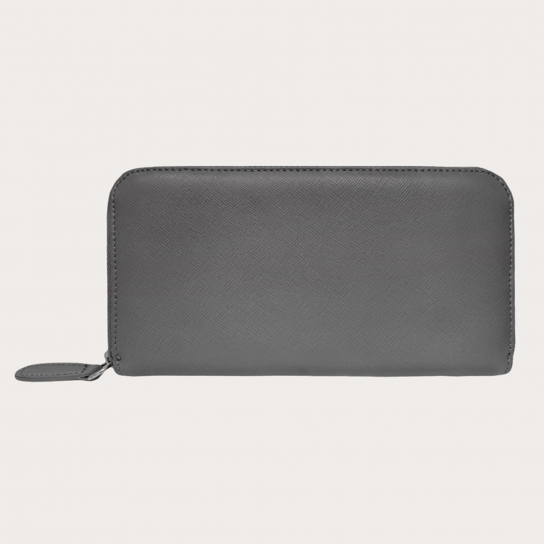 Cartera con cremallera alrededor en estampado saffiano para mujer, gris ceniza
