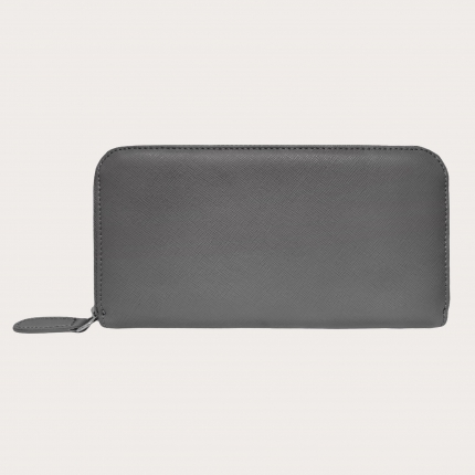 Portefeuille smart zippé en imprimé saffiano pour femme, gris cendre