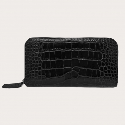 Refined black crocodile print women's wallet with zip