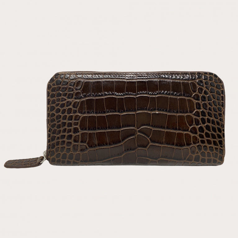 Elegante billetera de mujer con cremallera en piel con estampado de cocodrilo, marrón oscuro