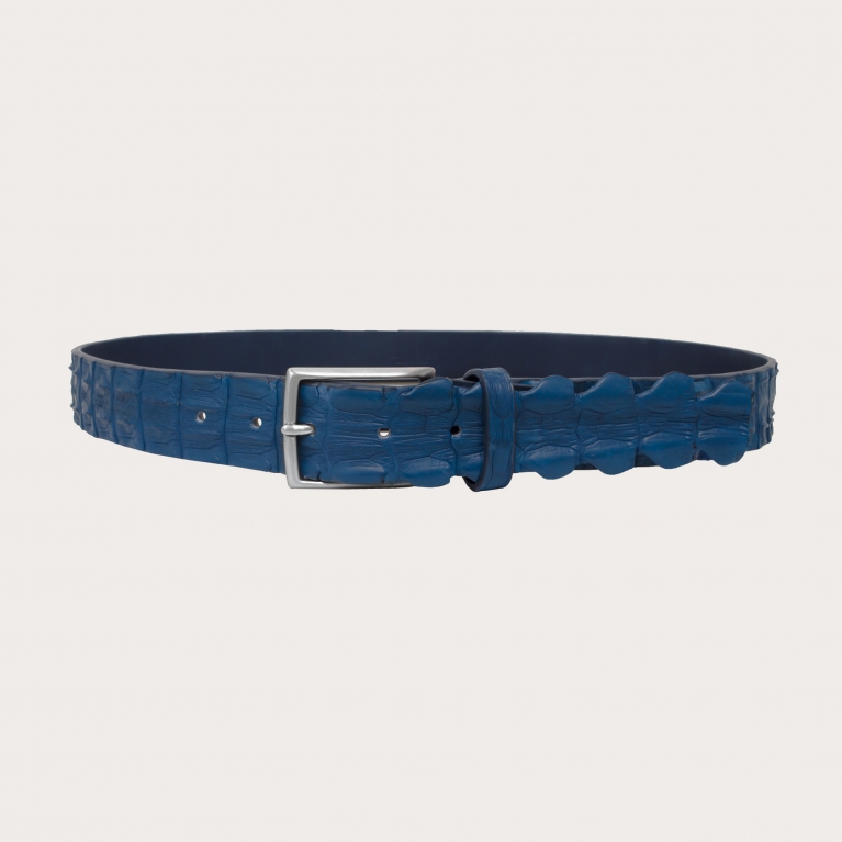 Thin belt in blue crocodile leather