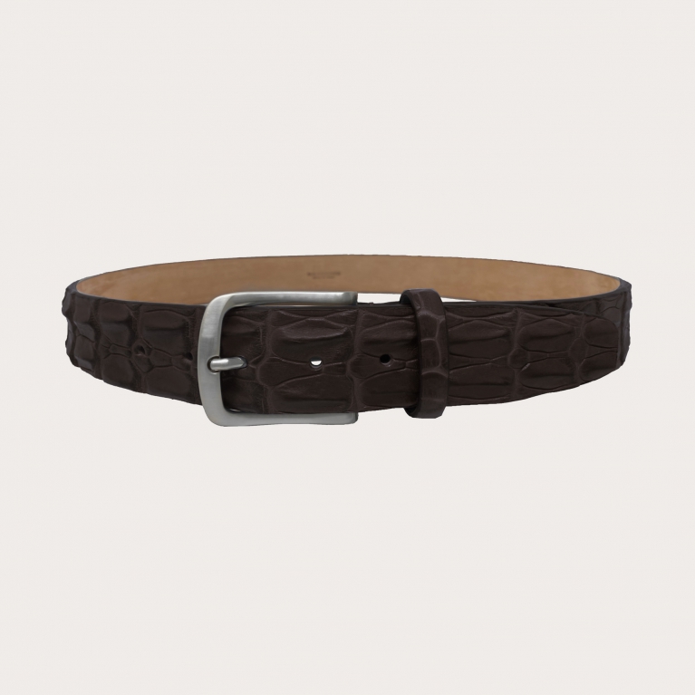Sports belt in genuine crocodile leather, dark brown