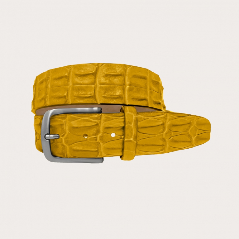 Trendy belt in genuine crocodile leather, yellow