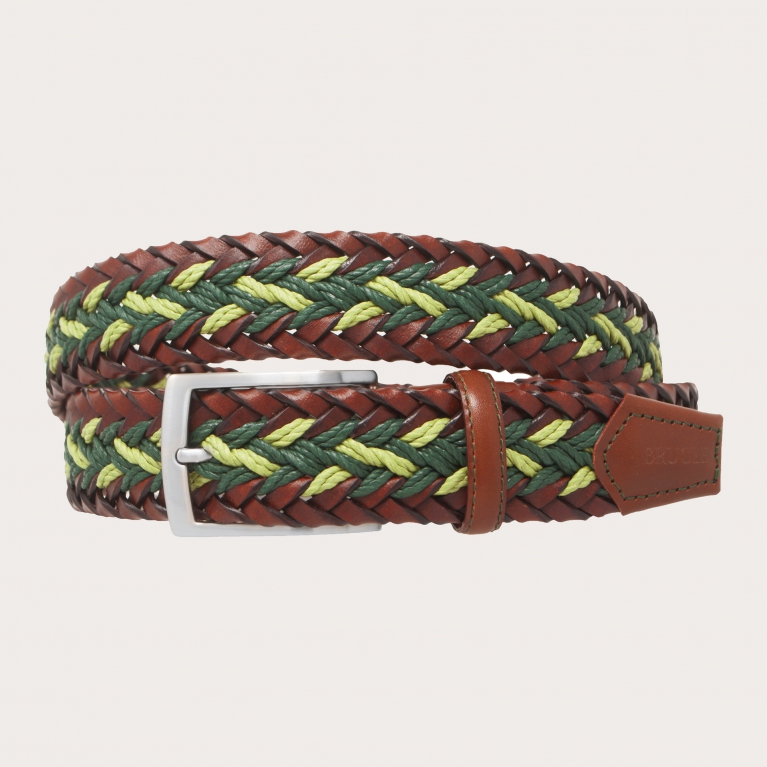 Green and brown braided belt in leather, rope and cotton