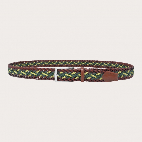 BRUCLE Cintura intrecciata verde e marrone in cuoio, corda e cotone